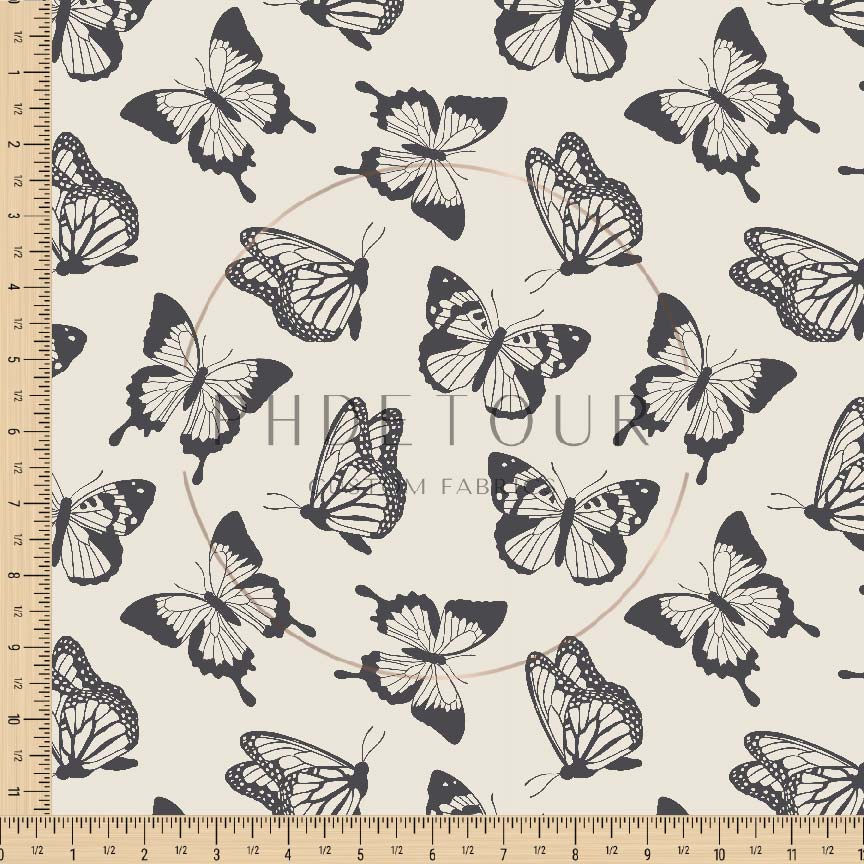 Organic Cotton Lycra - Charcoal Butterflies