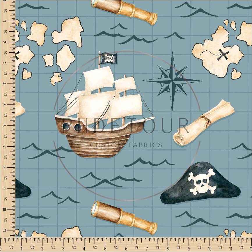 Organic Cotton Lycra - Pirate Ships on Blue