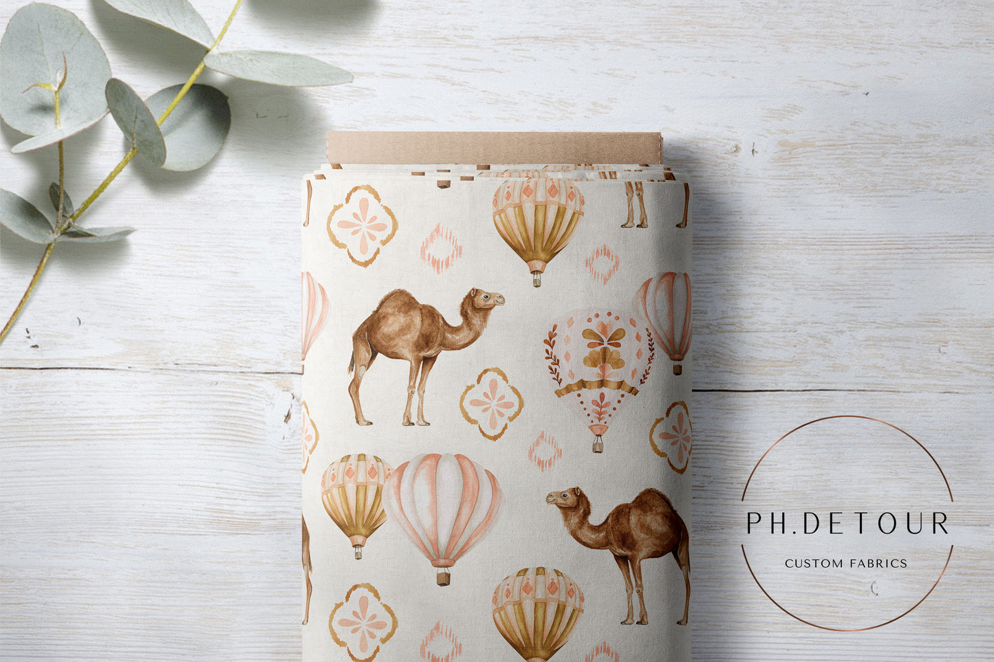 Organic Cotton Lycra - Camels and Hot Air Balloons on Cream